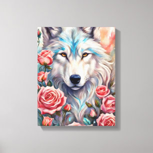 Toile tête de loup roses roses animal peinture