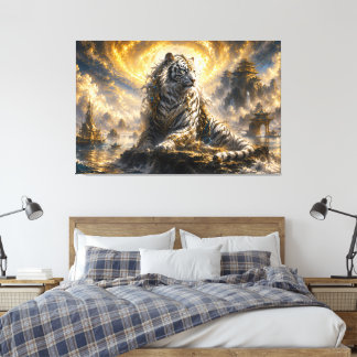 Toile Tigre Blanc Céleste Gardien de la Rive au Clair de