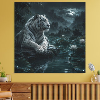 Toile Tigre blanc dans un étang de lotus pluvieux – Bleu
