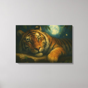 Toile Tigre d'aquarelle reposant dans la forêt nocturne
