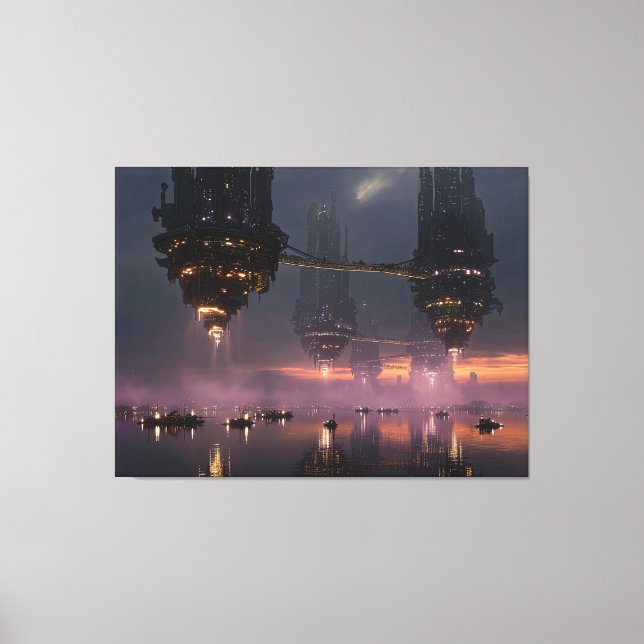 Toile Tours futuristes flottant au-dessus du port (Recto)