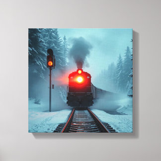 Toile "Train à vapeur dans une forêt enneigée d'hiver"