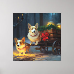 Toile Traîneau enneigé de Corgi décoration de Noël