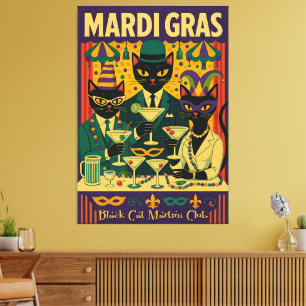 Toile Trio du Mardi Gras Black Cat Martini Club