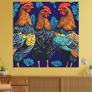 Toile Trois poules françaises découpées en forme de cray