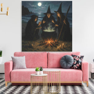 Toile Trois Sorcières Brew Cauldron Pleine lune Beach