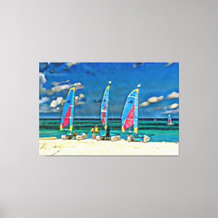 Toile Trois voiliers sur la plage Tropical Beach Scene