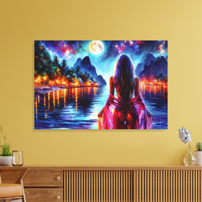 Toile Tropical moonlit fantasy woman in paradise (Insitu(Salon))