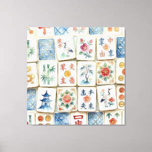 Toile Tuiles de Mahjong Chinoiserie Fleurs Aquarelles Oi
