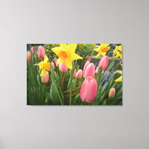 Toile Tulipe rose printanière et fleurs de jonquille jau