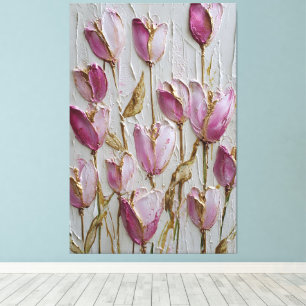 Toile Tulipes roses et blanches avec texture dorée abstr