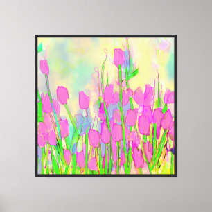 Toile Tulipes Roses Tiges Feuilles et Ciel