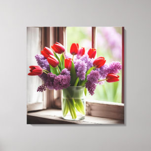 Toile Tulipes rouges et lilas à la fenêtre