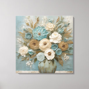 Toile Turquoise Bleu Beige Sage Crème Floral