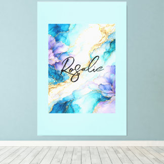 Toile Turquoise Bleu Violet Or Marbre Floral Abstrait