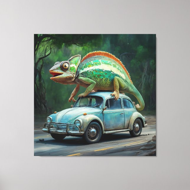 Toile Un caméléon perché sur une voiture dans un tableau (Recto)