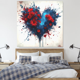 Toile Un coeur bleu éclatant avec des fleurs rouges