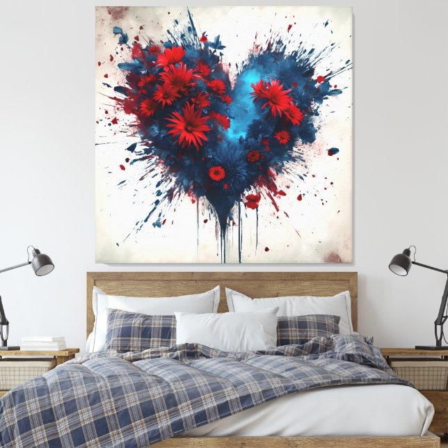Toile Un coeur bleu éclatant avec des fleurs rouges (Insitu(Chambre))