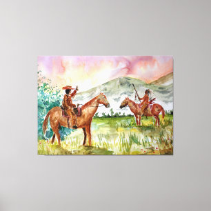 Toile Un cowboy à cheval rencontre les Amérindiens