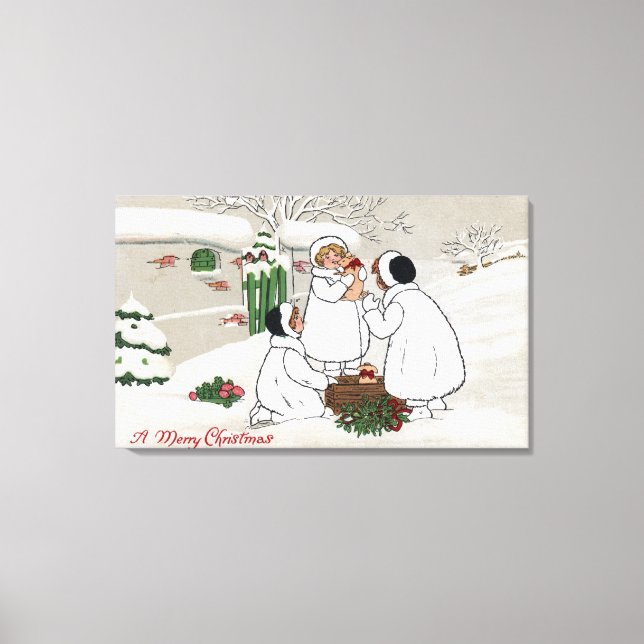 Toile Un joyeux NoëlDes gens tenant des porcelets (Recto)