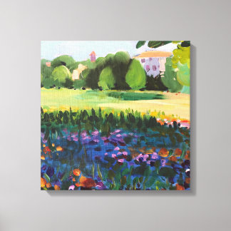 Toile Un paysage avec un champ en fleurs et ville