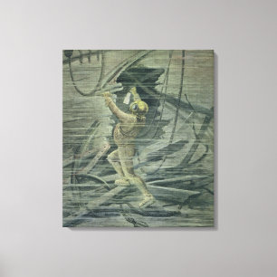 Toile Un plongeur de mer profonde regardant les épaves