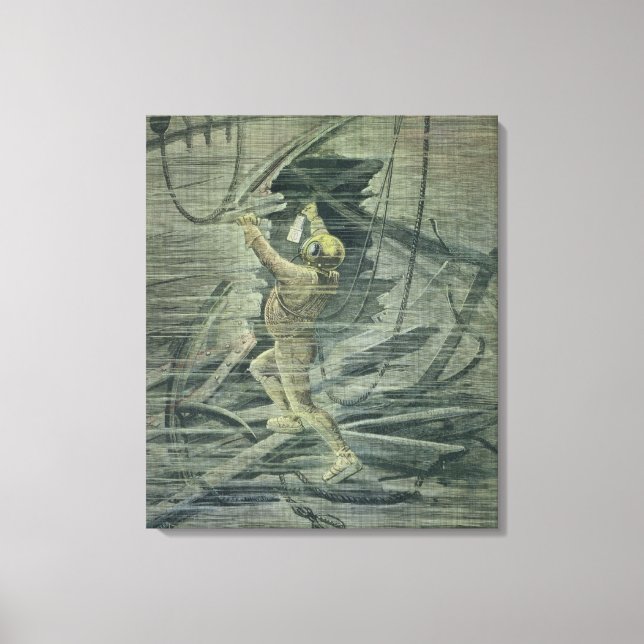 Toile Un plongeur en mer profonde regardant les épaves (Recto)