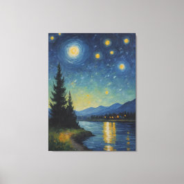 Toile un tableau d'un lac et d'arbres la nuit