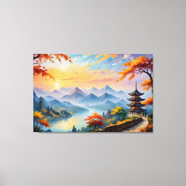 Toile un tableau d'une pagode et d'une rivière (Recto)