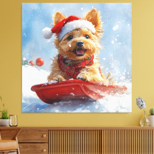 Toile Un Terrier australien à la luge, qu'il neige Noël