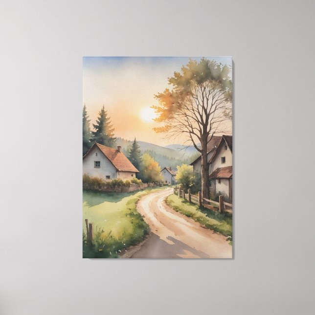 Toile une aquarelle peinte de maisons et d'une route (Recto)