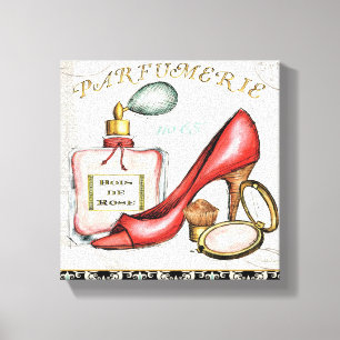 Toile Une chaussure rouge, une bouteille de parfum, et