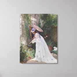 Toile Une dame dans un jardin qui soigne ses fleurs avec