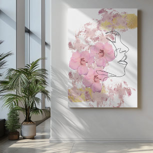 Toile Une ligne art visage avec des Fleurs roses taches