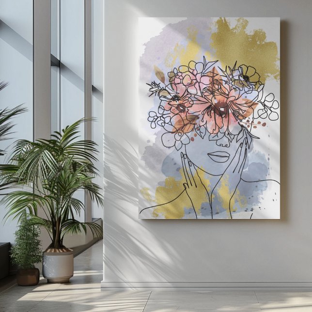 Toile Une ligne d'art visage couronne de fleurs cachant  (Créateur téléchargé)