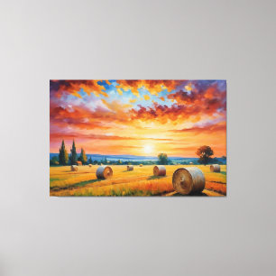Toile une peinture d'un champ avec des balles de foin