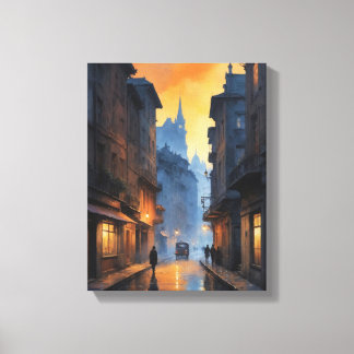 Toile une rue avec des immeubles et des gens qui marchen