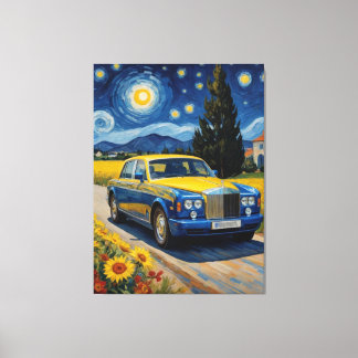 Toile une voiture bleue sur une route avec des tournesol