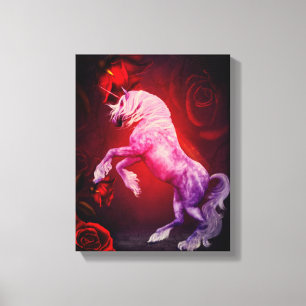 Toile Unicorne Et Roses Rouges Imaginaire Cheval Art