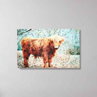 Toile Vache Highland avec cornes aquarelle peinture d'ar