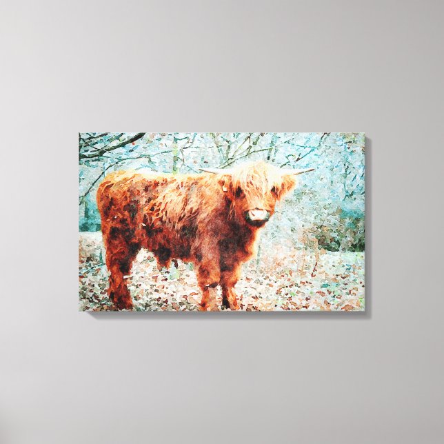 Toile Vache Highland avec cornes aquarelle peinture d'ar (Recto)