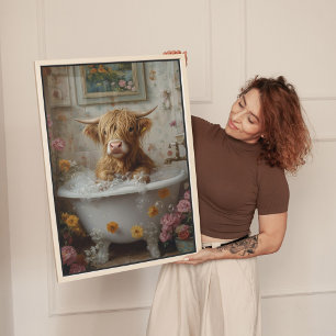 Toile Vache Highland dans l'art de la baignoire Florale