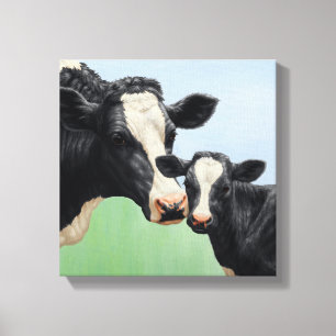 Toile Vache Holstein noire et veau mignon