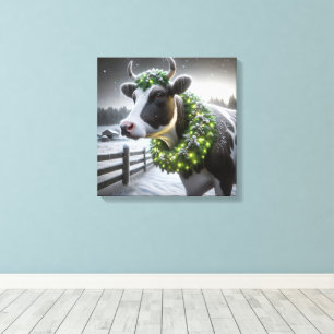 Toile Vache Holstein portant une couronne de Noël