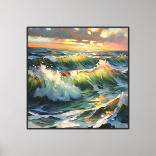 Toile Vagues de coucher de soleil océanique avec ciel dr