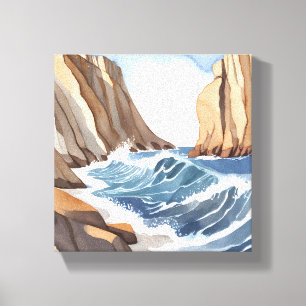 Toile Vagues de l'océan se brisant Aquarelle de plage