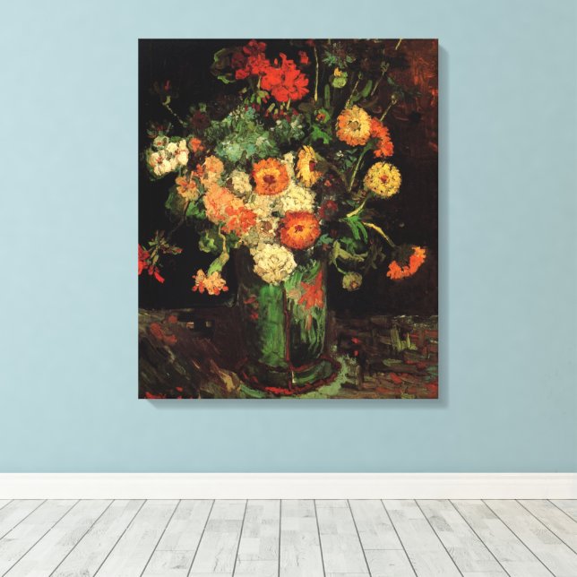 Toile Vase avec Zinnias et Geraniums, Vincent van Gogh (Insitu (Plancher de Bois))