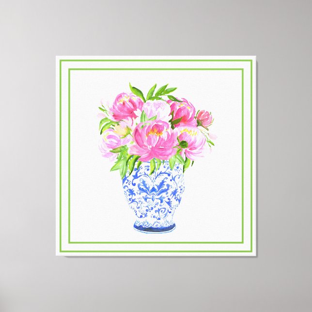 Toile Vase Chinoiserie aux Pivoines Roses Bordure Verte (Recto)