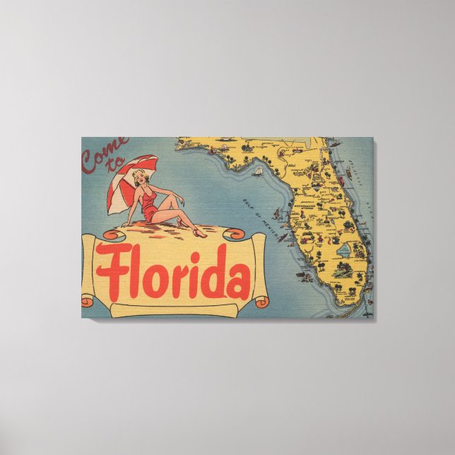 Toile Venez en Floride Carte de l'État, Pin-Up Girl (Recto)