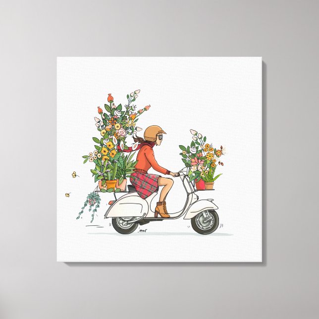 Toile Vespa Scooter, une fille fleurie (Recto)